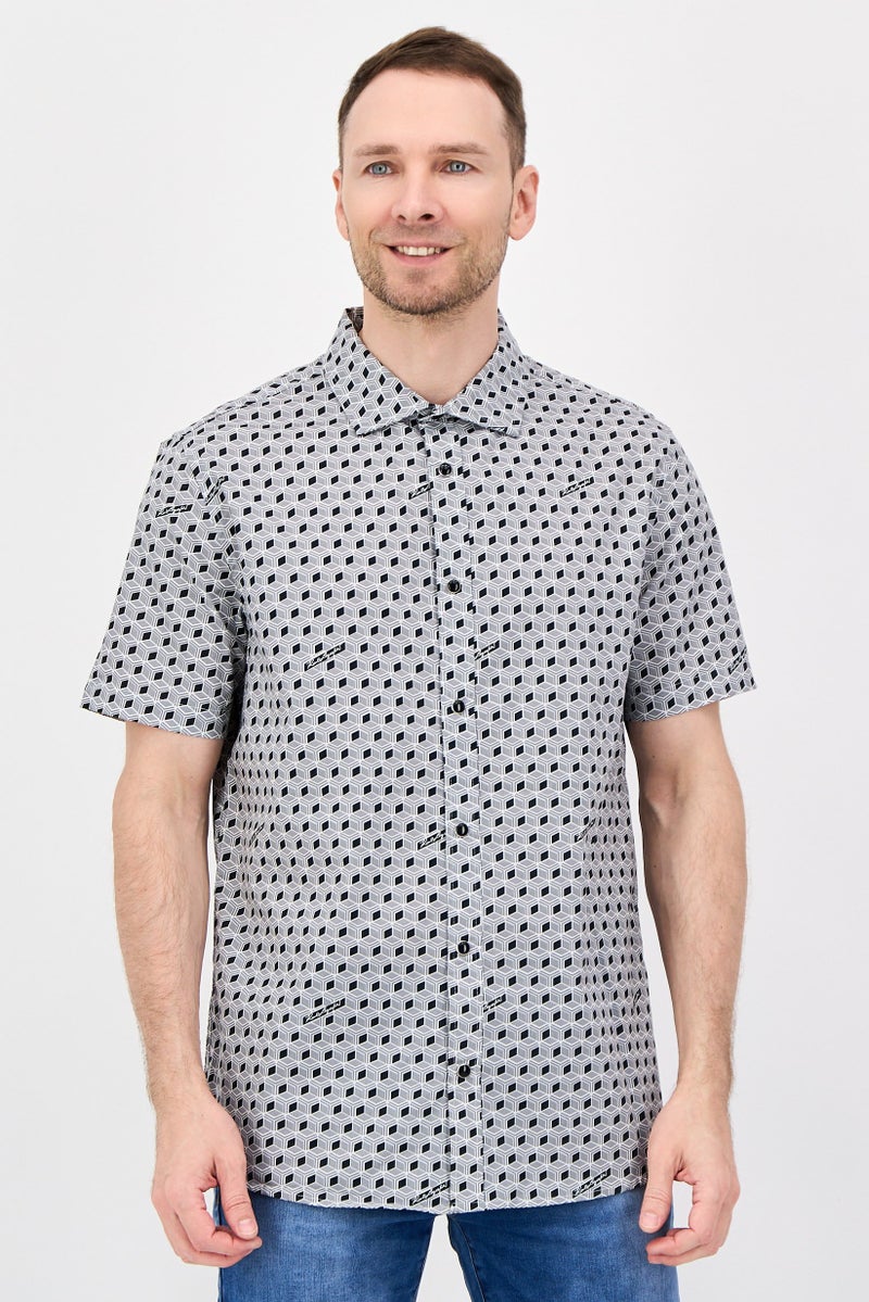 Karl Lagerfeld Men Regular Fit Allover Print Short Sleeve, Grey - Image 1